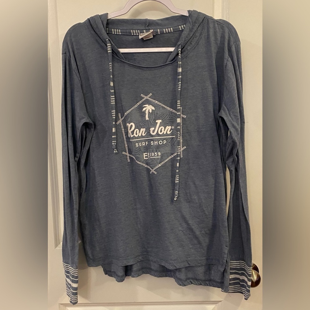Ron Jon Surf Shop Serenity Hoodie Sz M Blue Drawstring Slit Hem